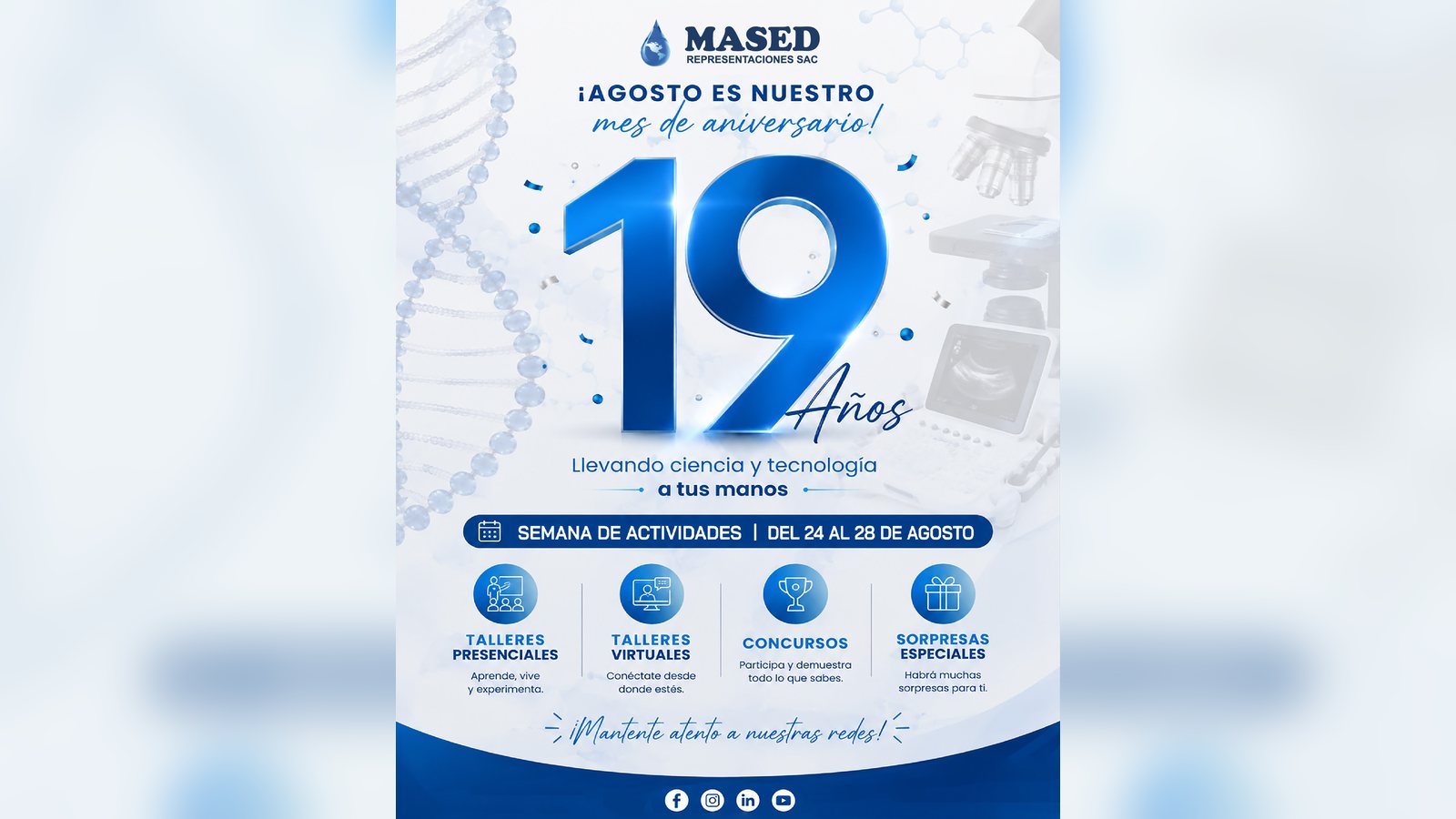 Flyer oficial del 19° aniversario de Mased Representaciones anunciando la Semana de Actividades