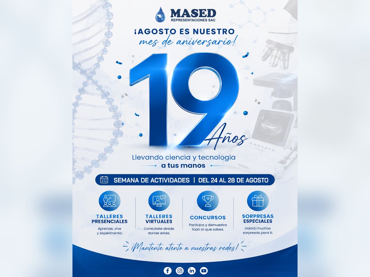 Flyer oficial del 19° aniversario de Mased Representaciones con la Semana de Actividades del 24 al 28 de agosto