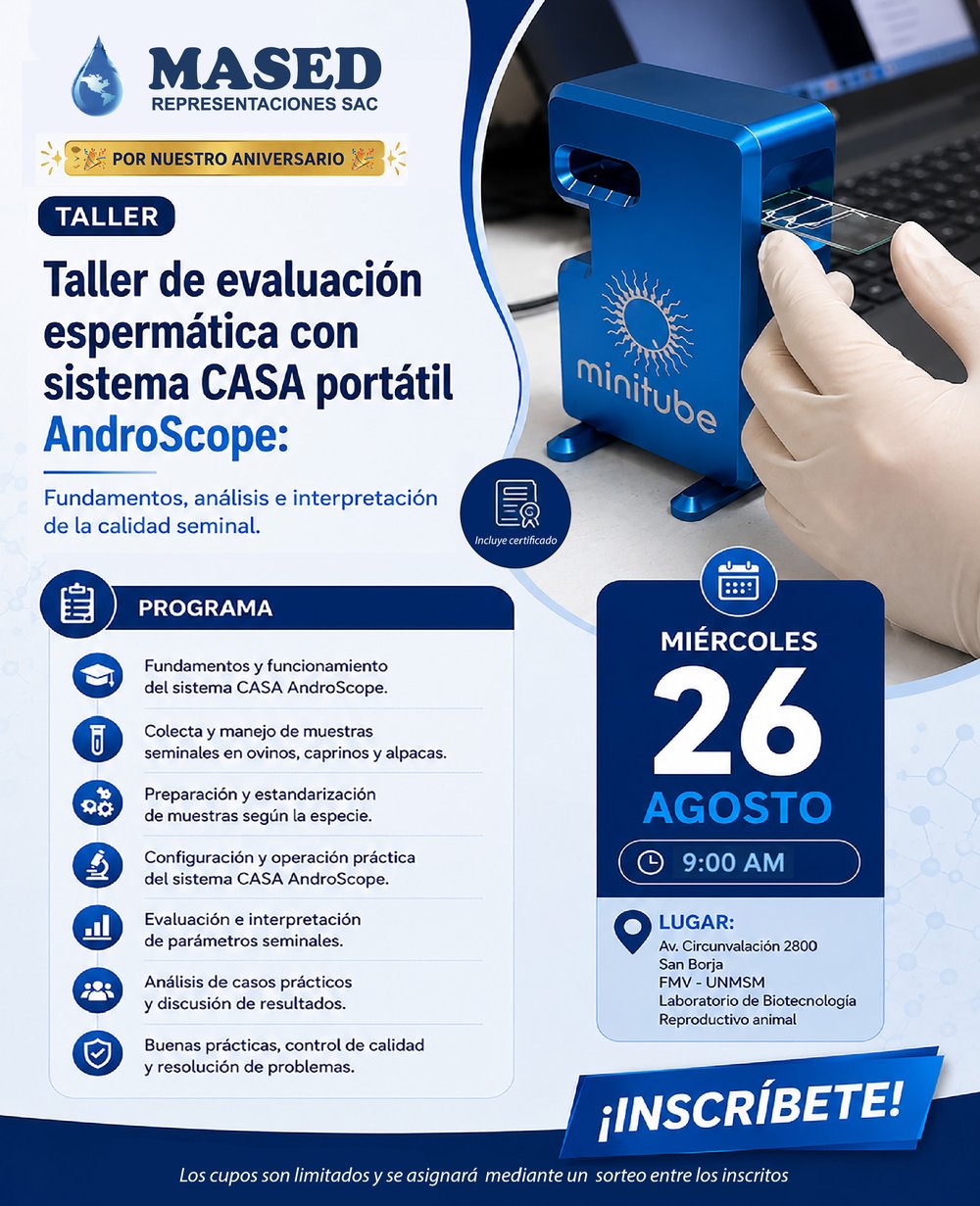 Flyer del taller presencial de evaluación espermática con sistema CASA portátil AndroScope, miércoles 26 de agosto a las 9:00
