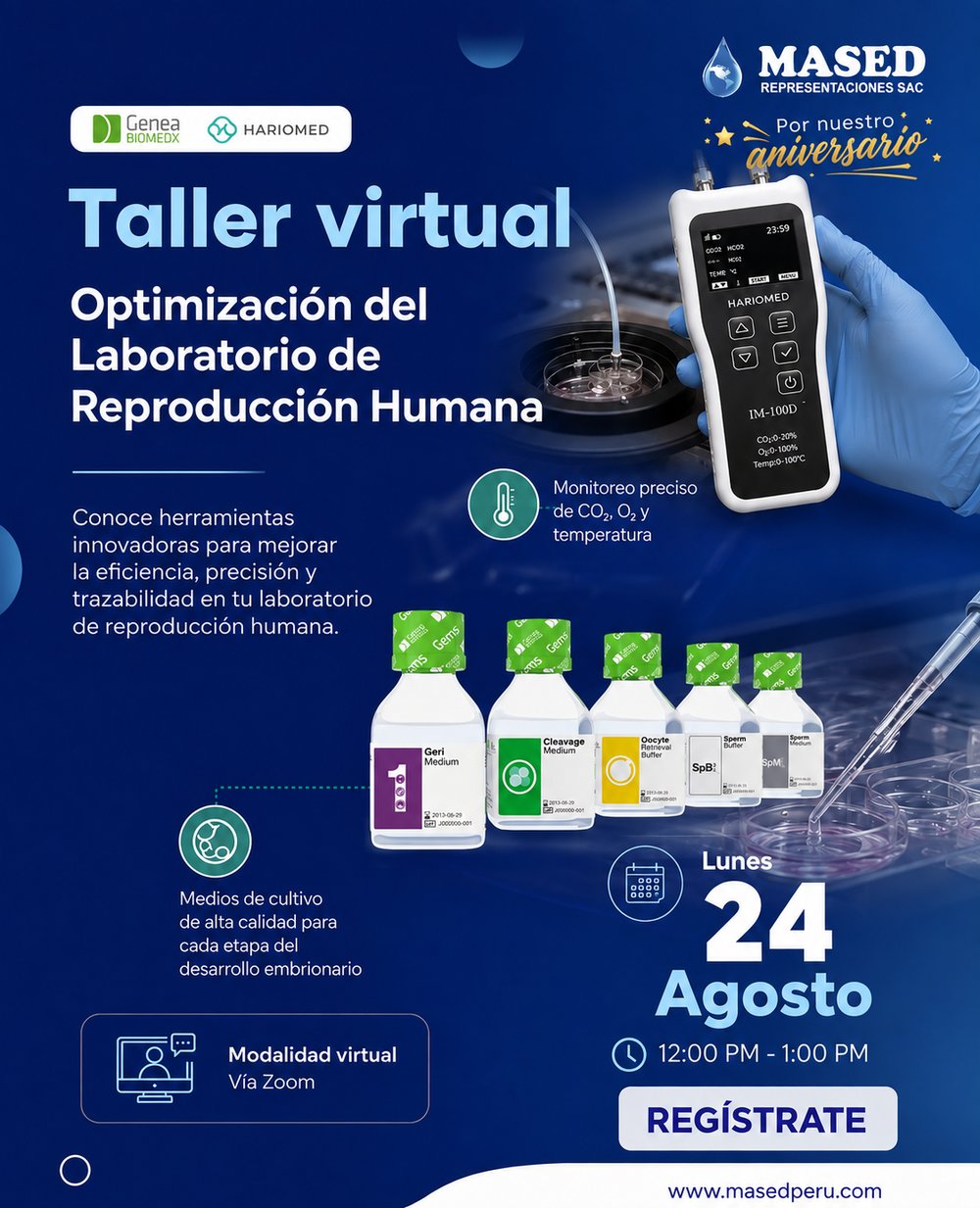Flyer del taller virtual de optimización del laboratorio de reproducción humana con Genea Biomedx, lunes 24 de agosto de 12:00 a 13:00