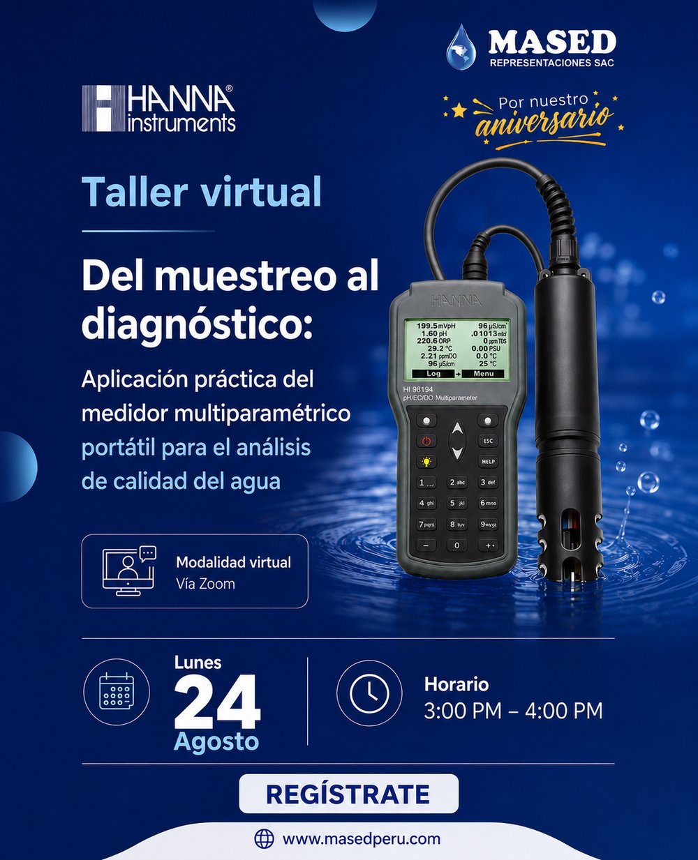 Flyer del taller virtual de HANNA Instruments sobre análisis de calidad del agua, lunes 24 de agosto de 15:00 a 16:00